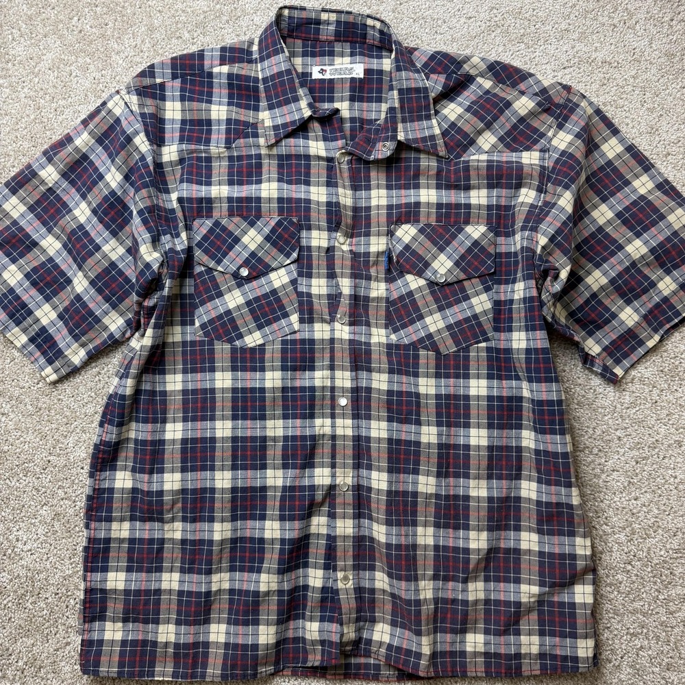 Vintage Texas Wear Shirt Mens XL Blue Plaid Short Sleeve Western Snap Button Up